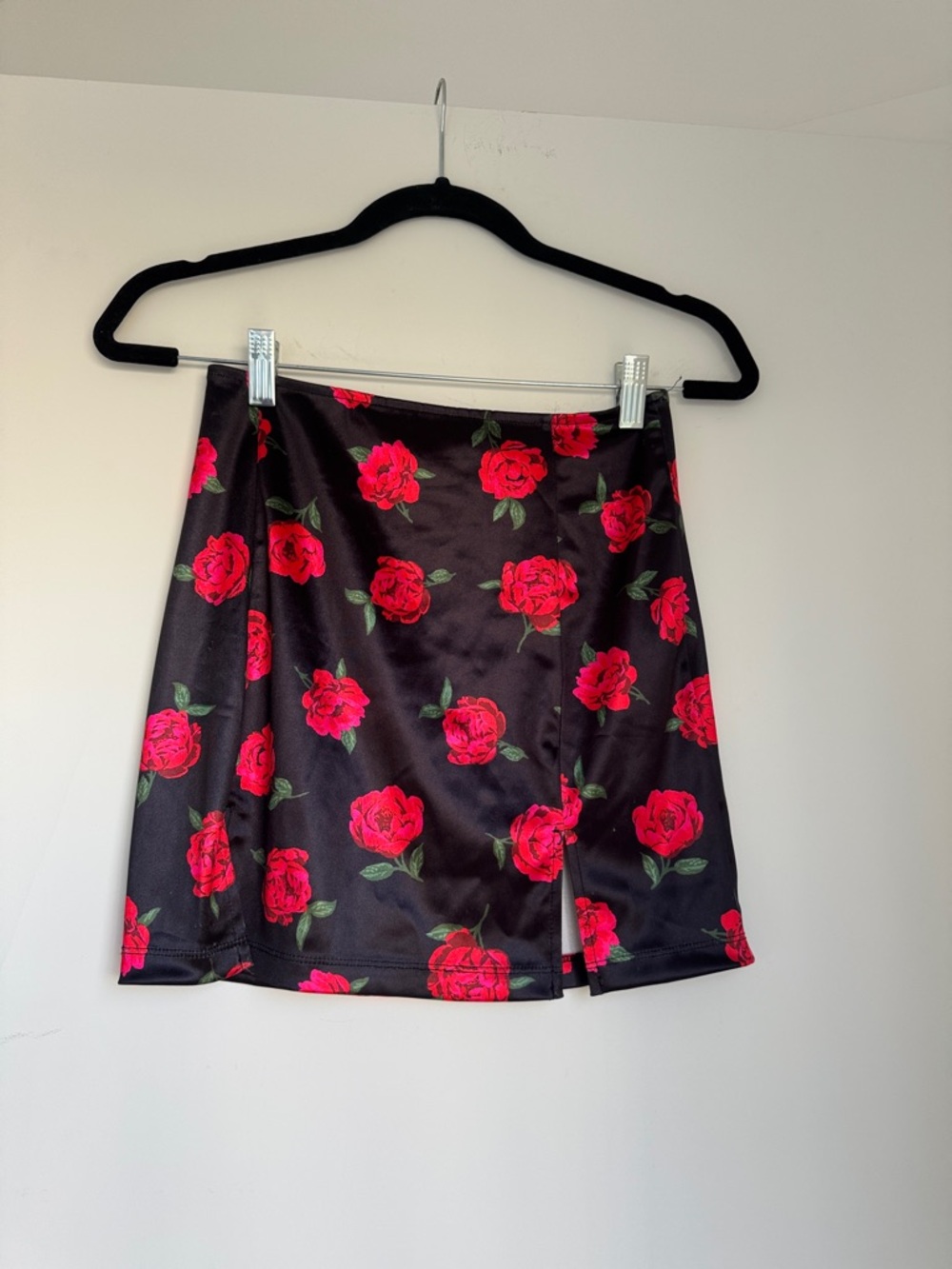 Black Floral Satin Mini Skirt with Red Rose Print